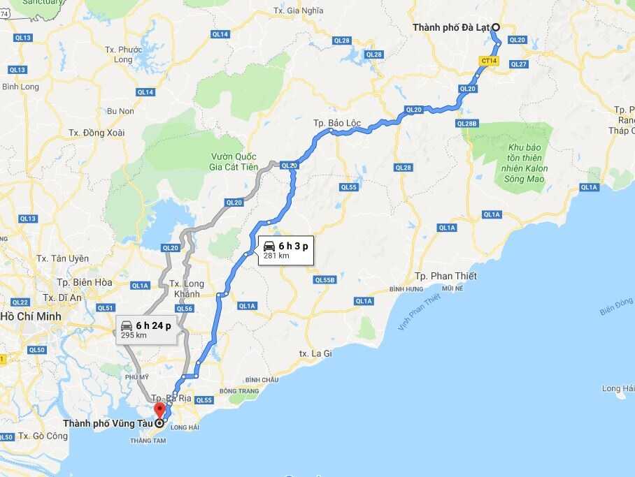 Khoảng cách từ Đà Lạt đến Vũng Tàu bao nhiêu km?