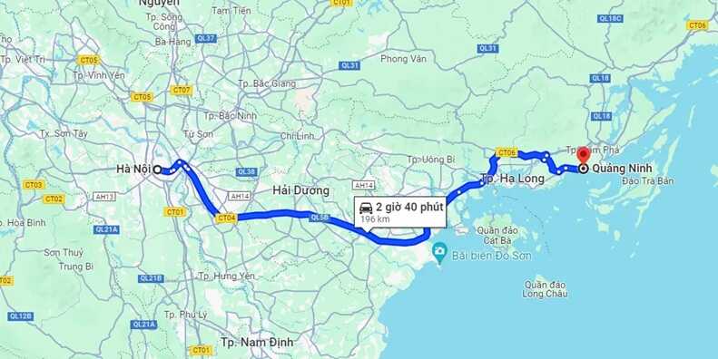 What is the distance from Hanoi to Quang Ninh in kilometers?